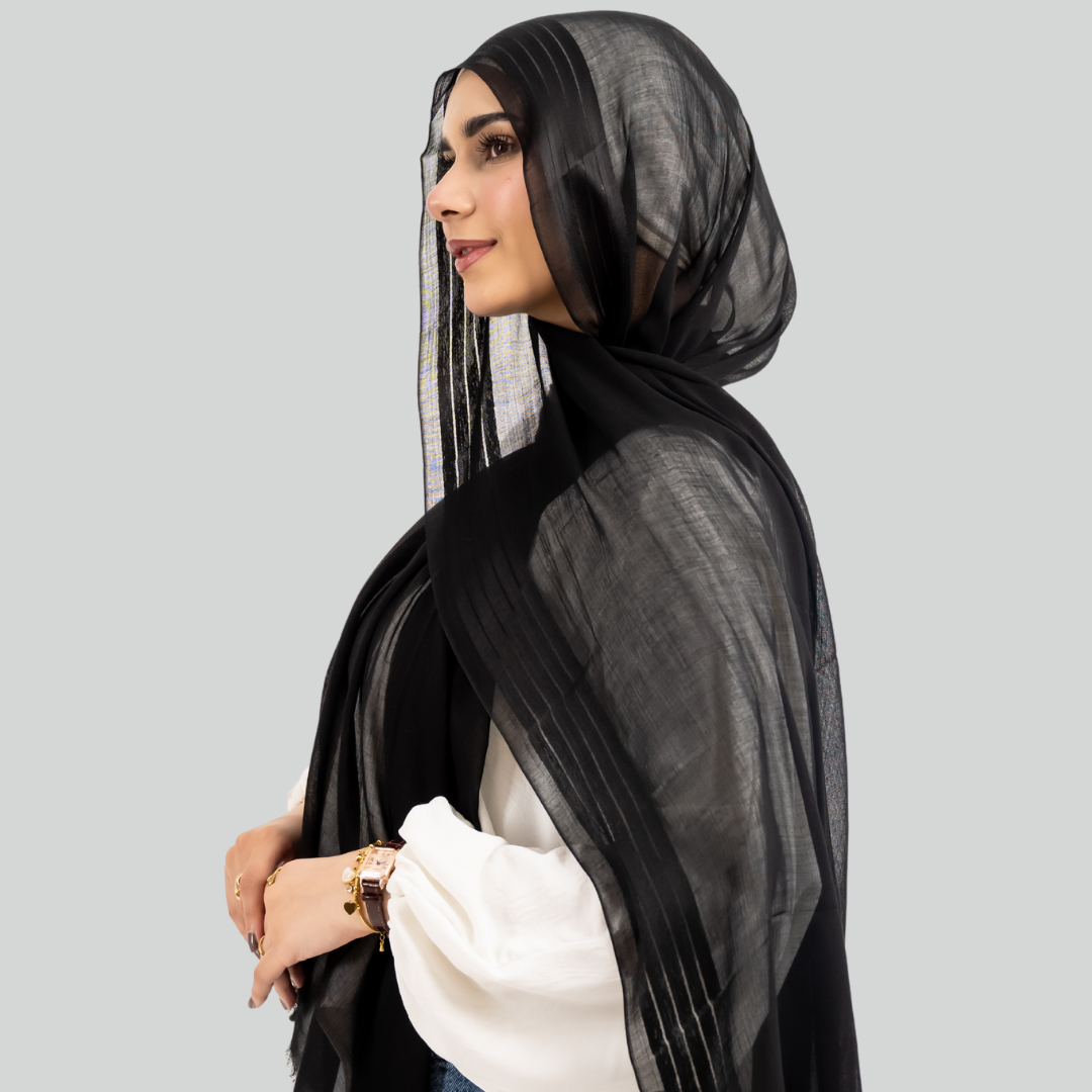Chiffon Fabric Black Pleated Scarf Borderline Satin Scarf – Kuwait
