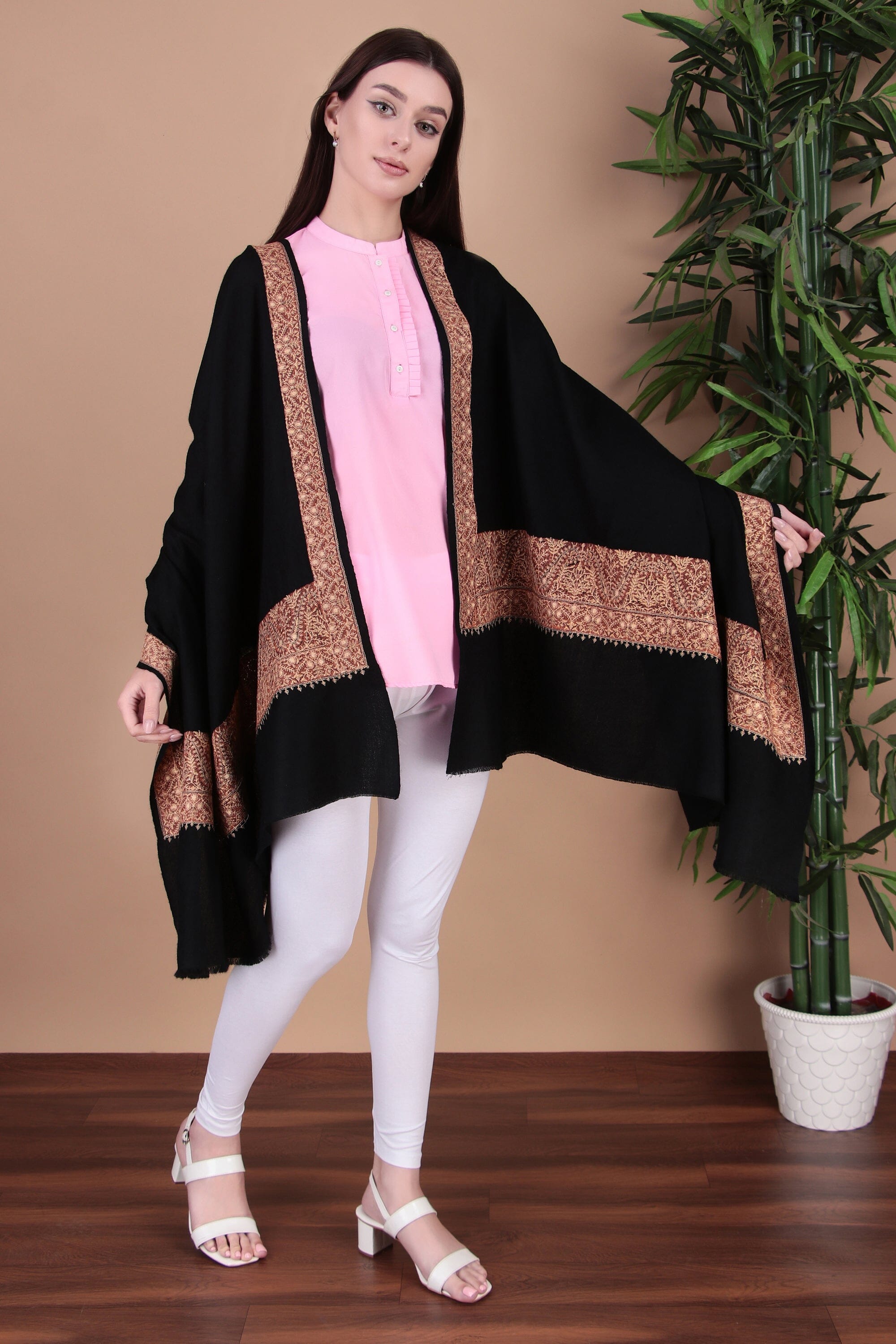 Kalamkari Pashmina Blend Shawl – Boundary Pattern