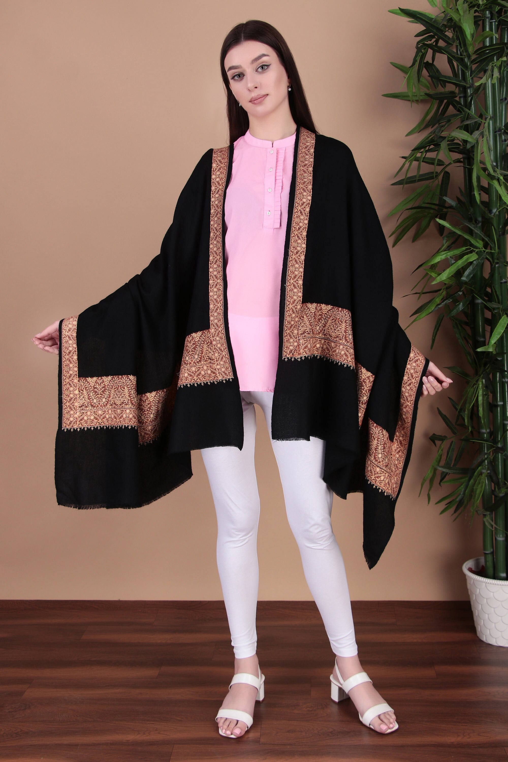 Kalamkari Pashmina Blend Shawl – Boundary Pattern