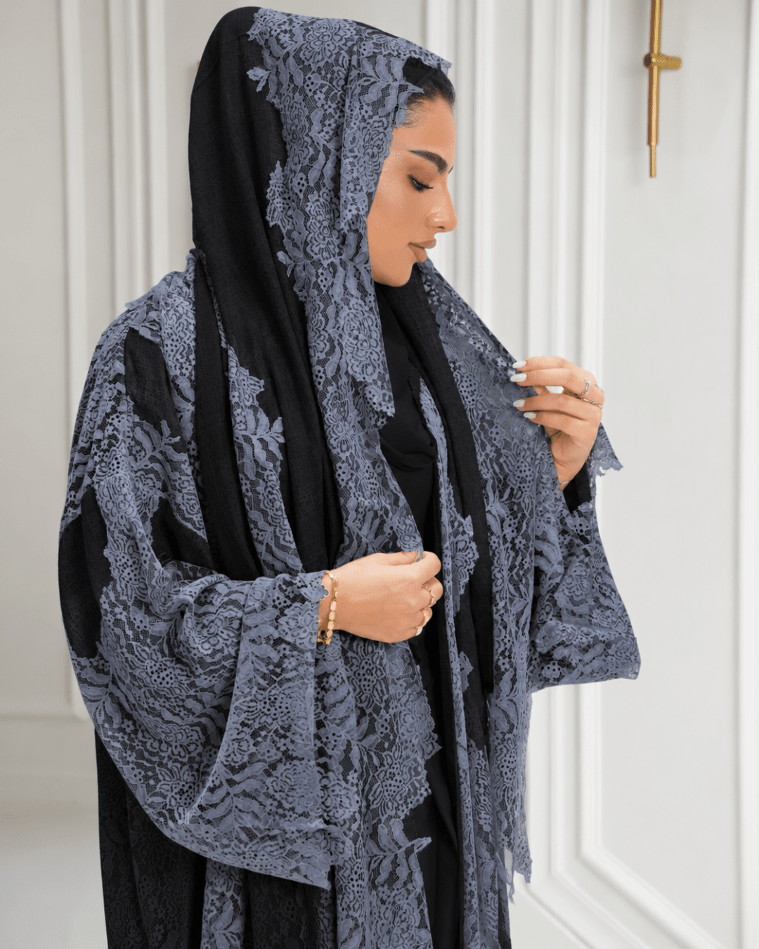Premium Bisht Wool-Lace Black Grey