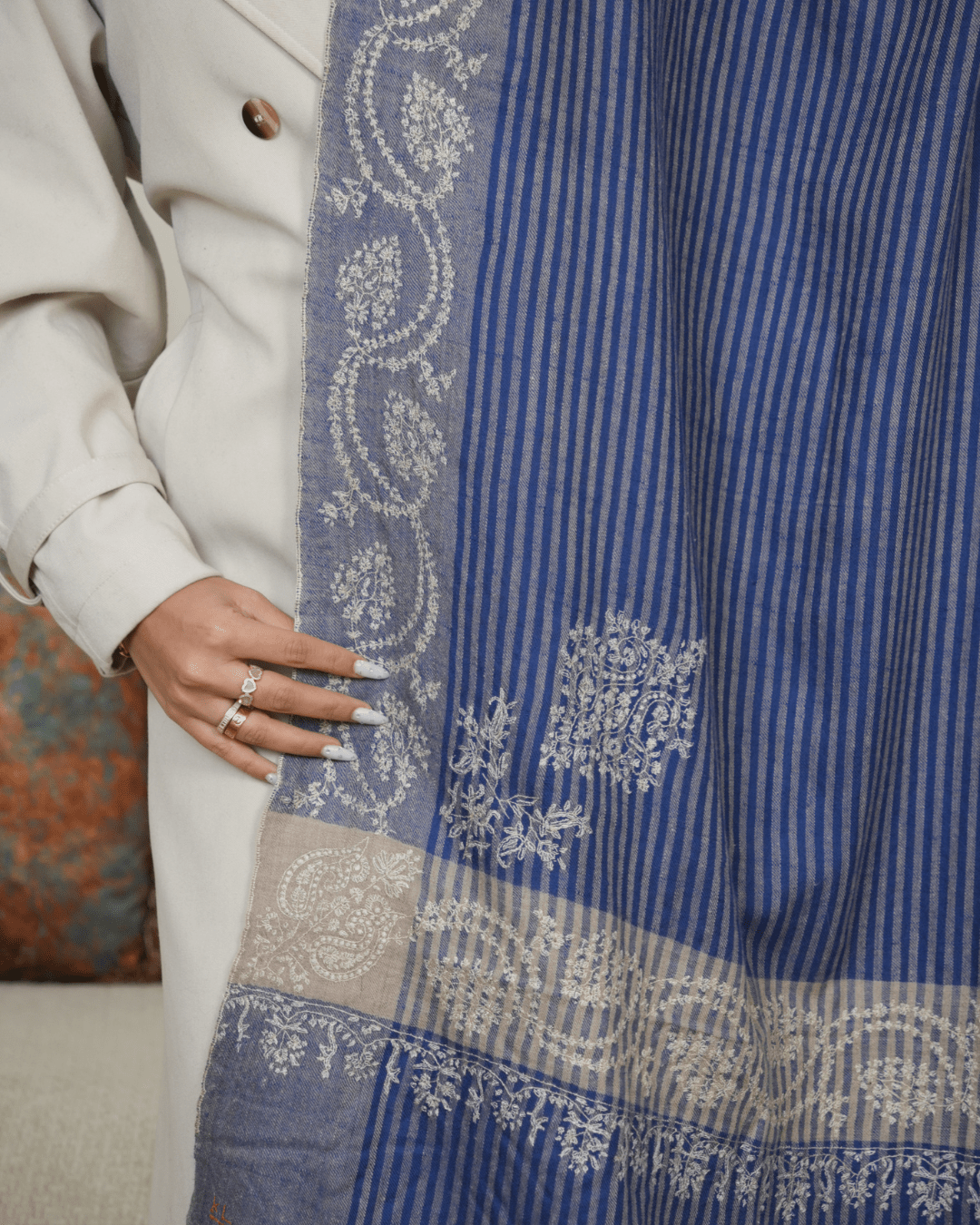Royal Heritage Striped Hand-Embroidered Original Pashmina Shawl