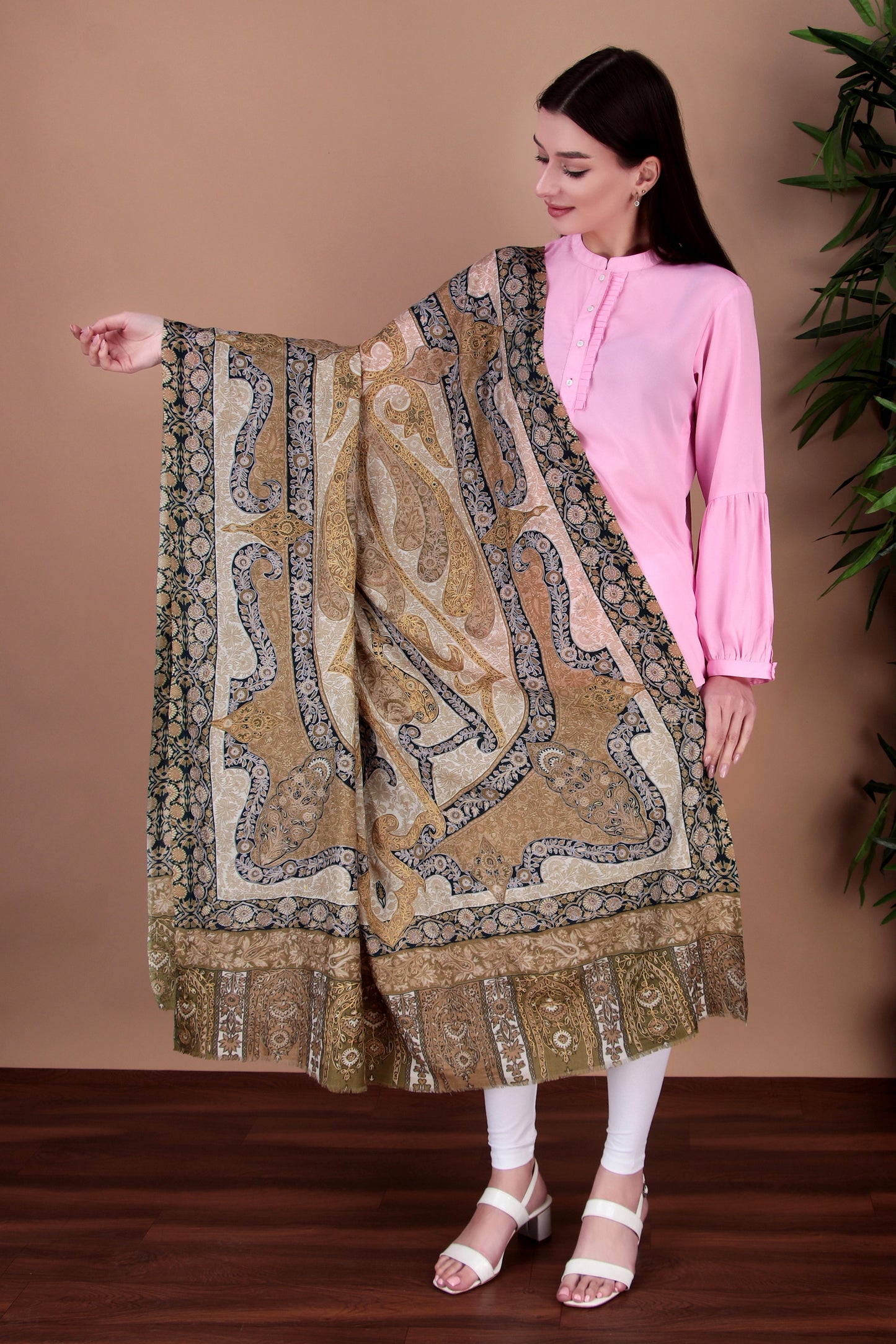 Kalamkari Pashmina Blend Shawl – Light Design