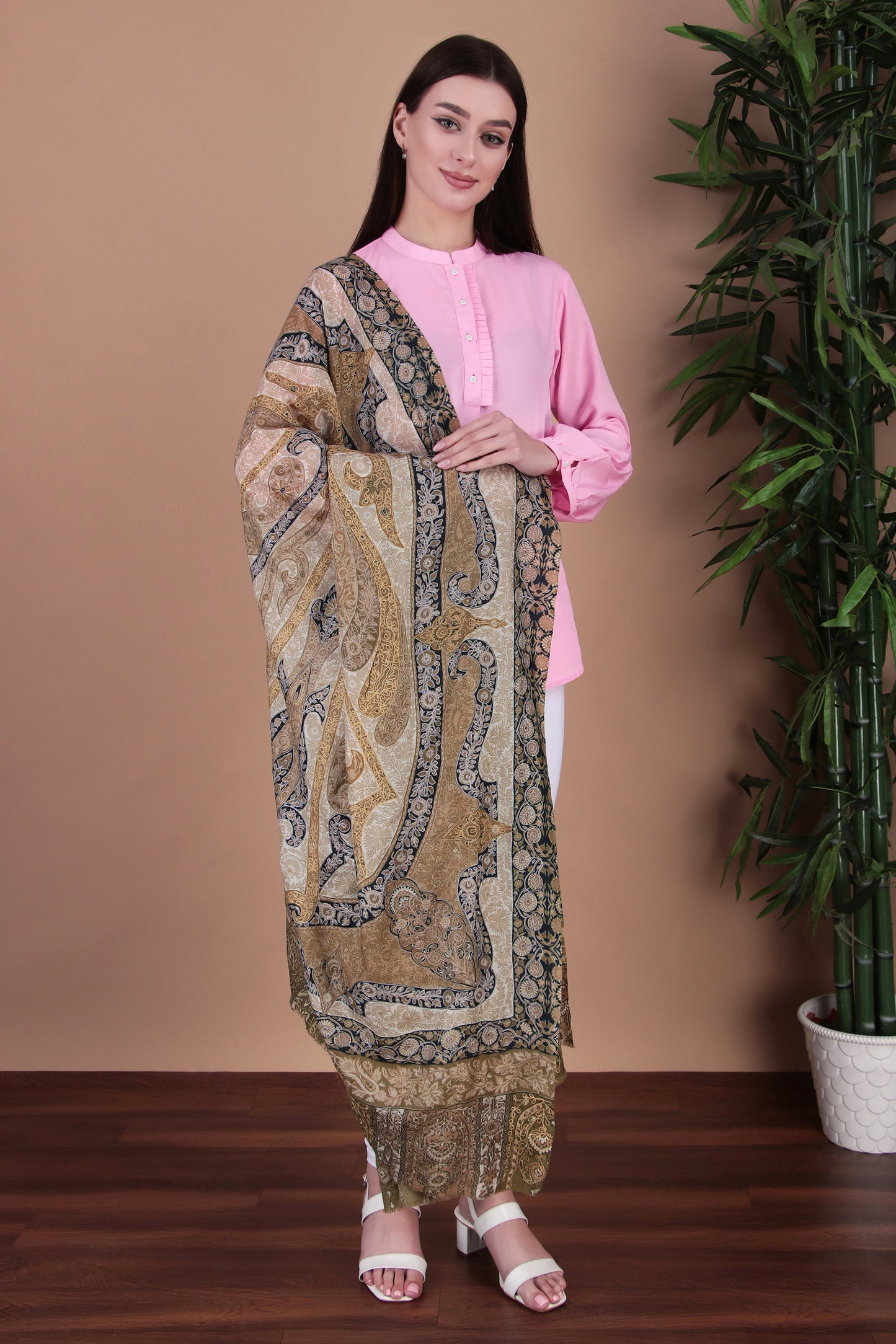 Kalamkari Pashmina Blend Shawl – Light Design
