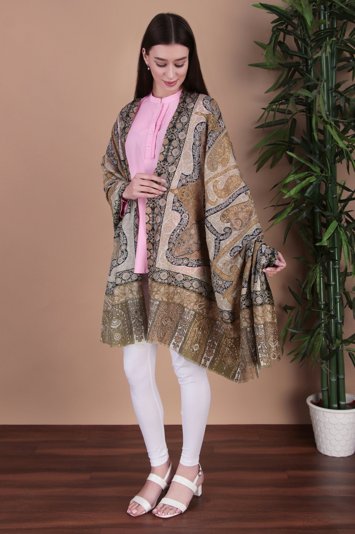 Kalamkari Pashmina Blend Shawl – Light Design