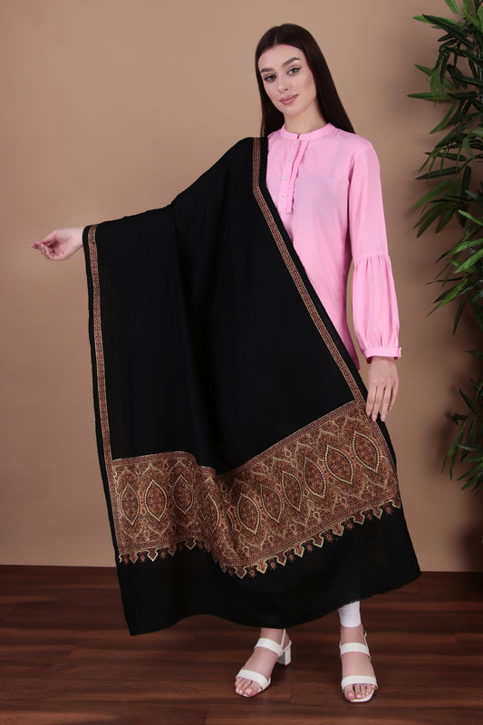 Kalamkari Pashmina Blend Shawl – Black Print