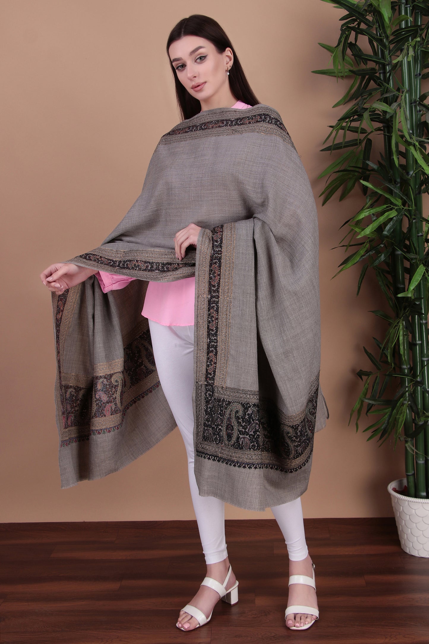 Kalamkari Pashmina Blend Shawl – Boundary Zari Work