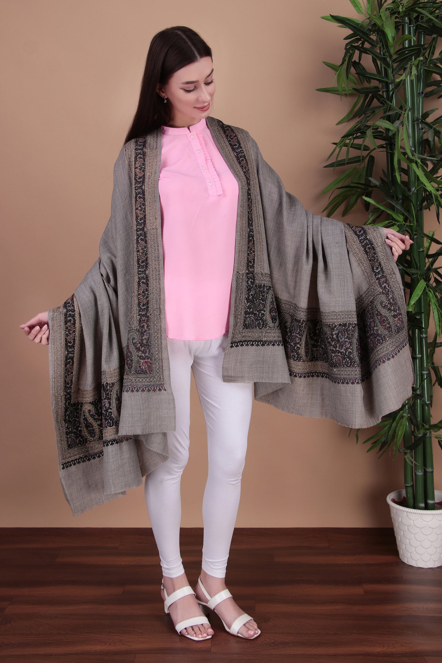 Kalamkari Pashmina Blend Shawl – Boundary Zari Work