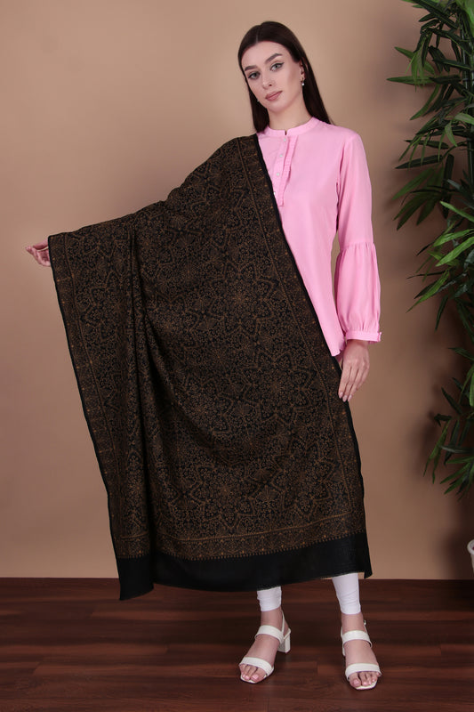 Kalamkari Pashmina Blend Shawl – Black Gold Design