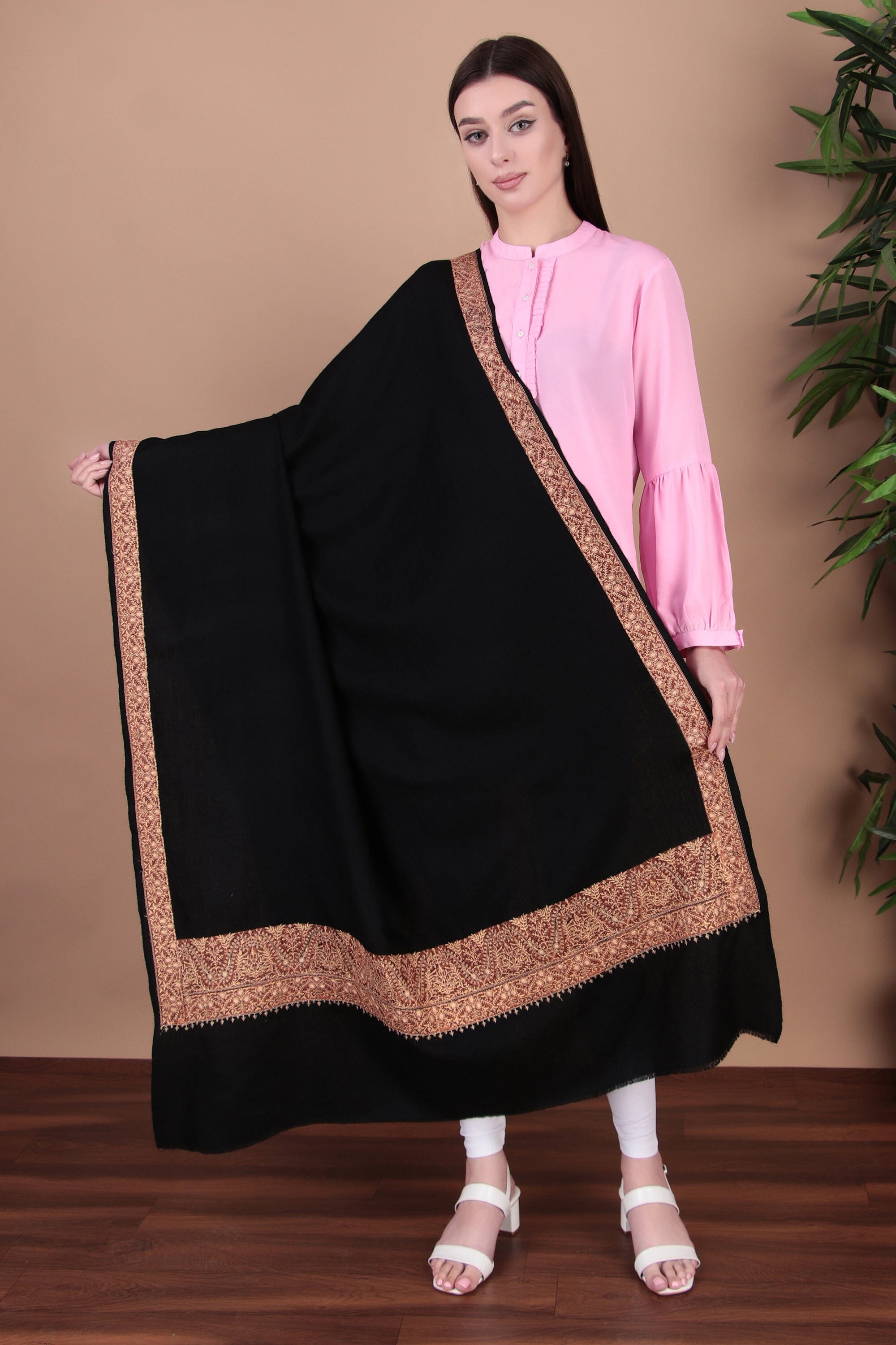 Kalamkari Pashmina Blend Shawl – Boundary Pattern