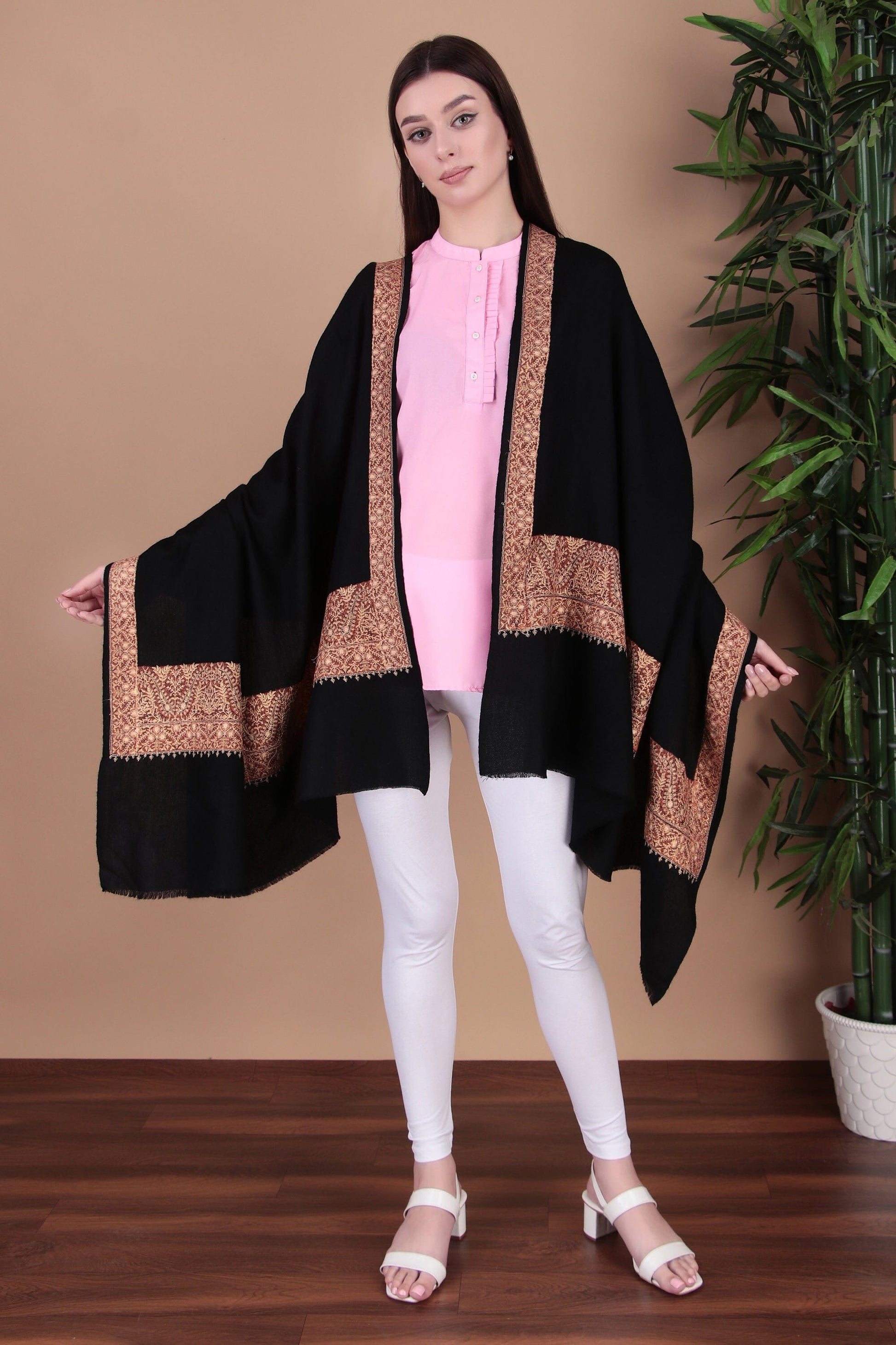 Kalamkari Pashmina Blend Shawl – Boundary Pattern