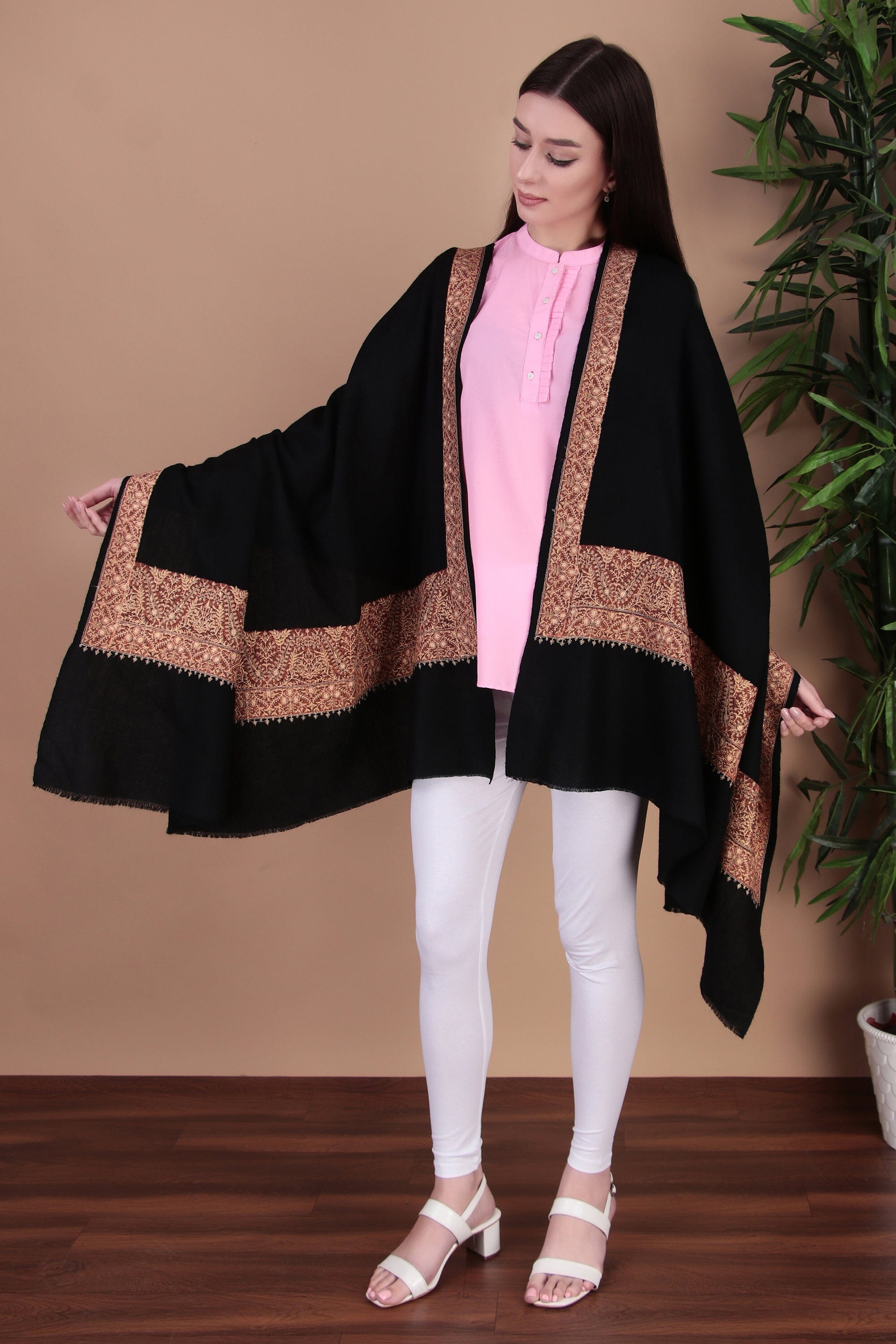 Kalamkari Pashmina Blend Shawl – Boundary Pattern