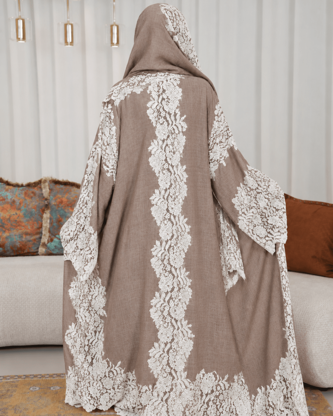 Premium Bisht Wool-Lace Beige White