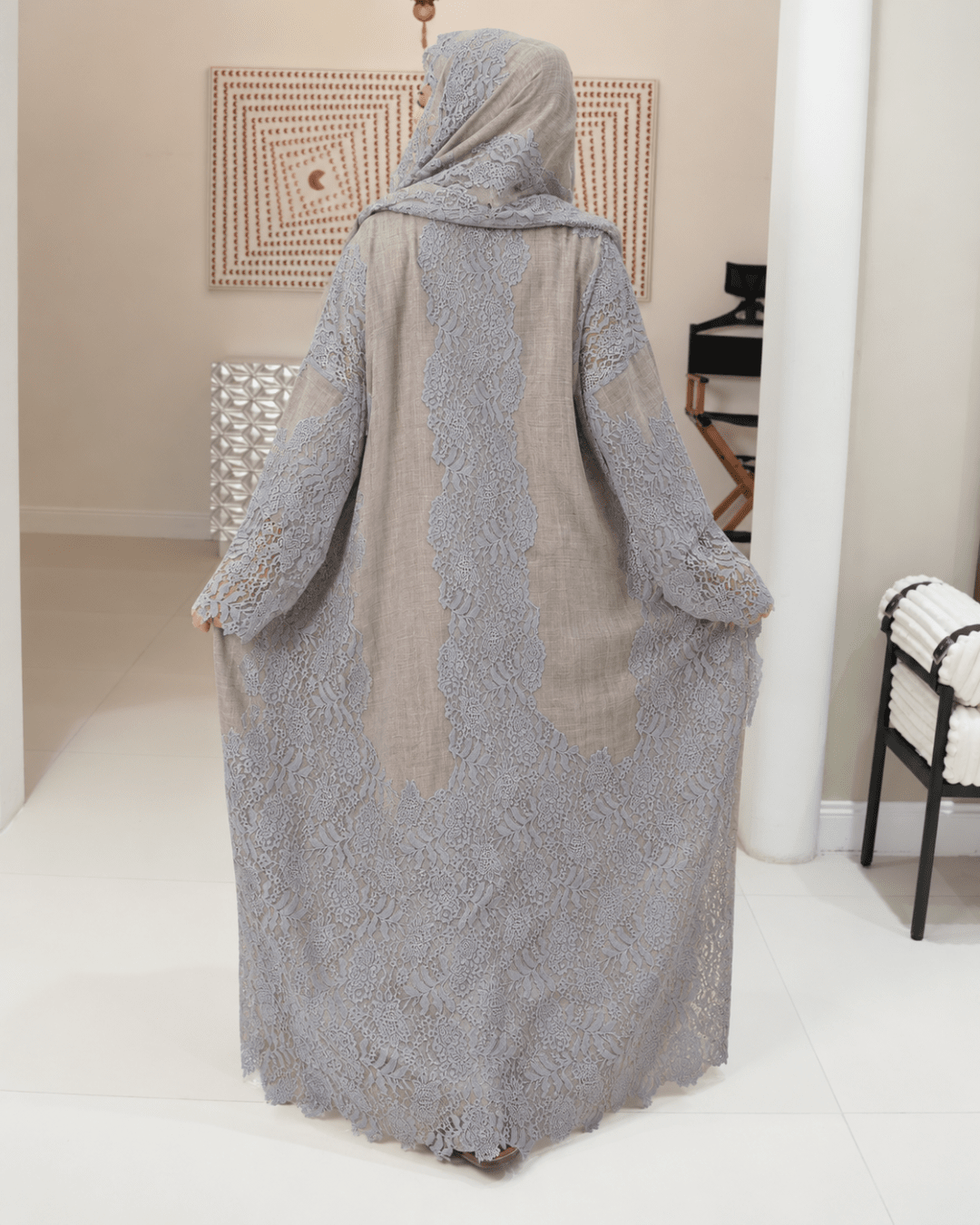 Premium Bisht Wool-Lace Nude Grey
