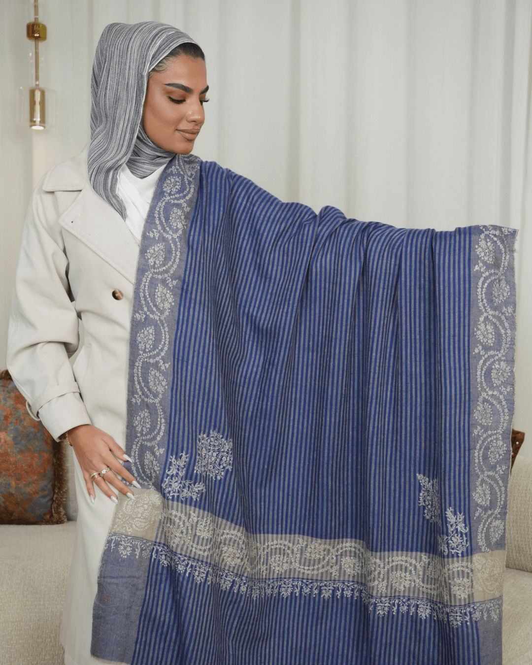 Royal Heritage Striped Hand-Embroidered Original Pashmina Shawl